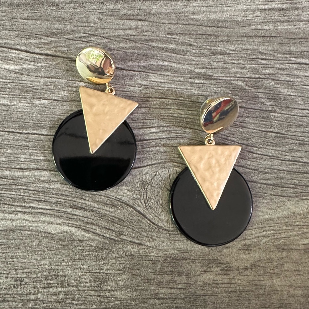 VTG 80s Geometric Earrings Black Gold New Wave New Romantic